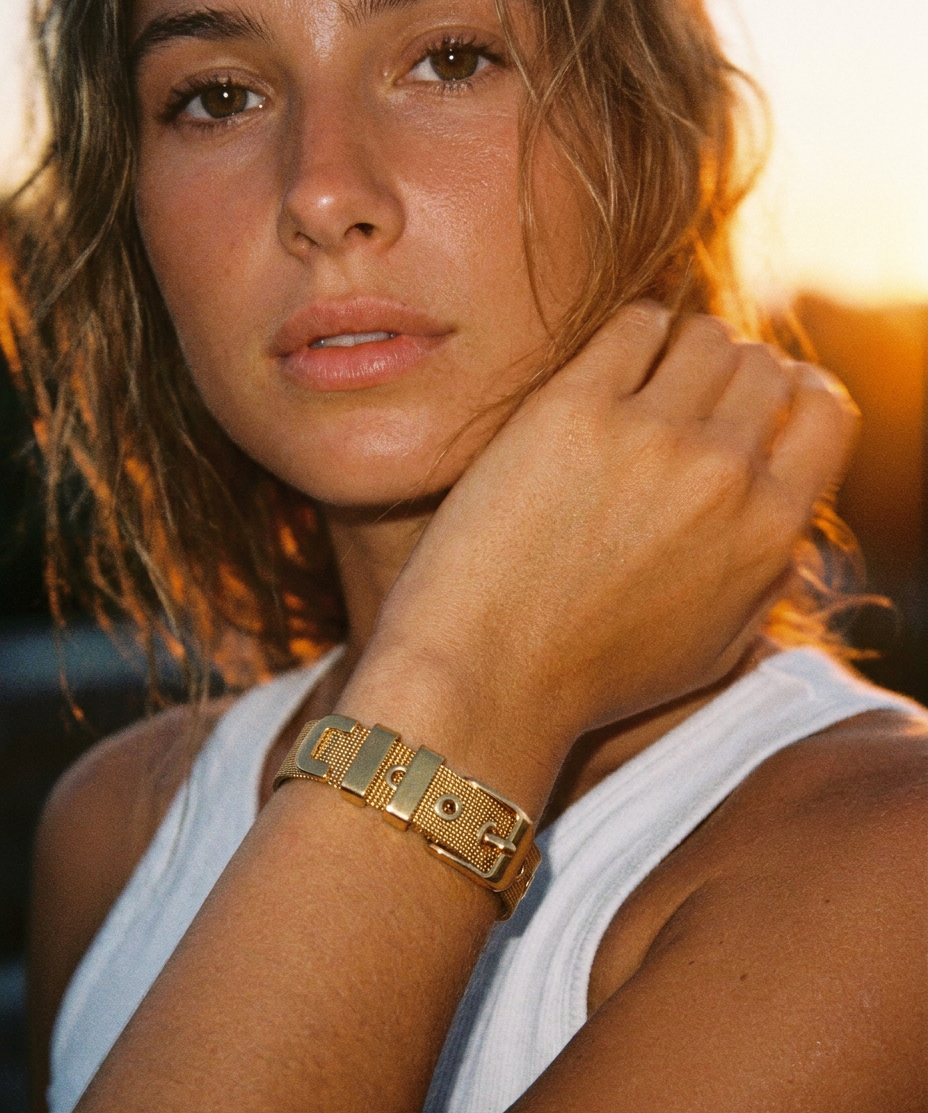 Alba Bracelet worn — substantial gold chain bracelet, waterproof and hypoallergenic