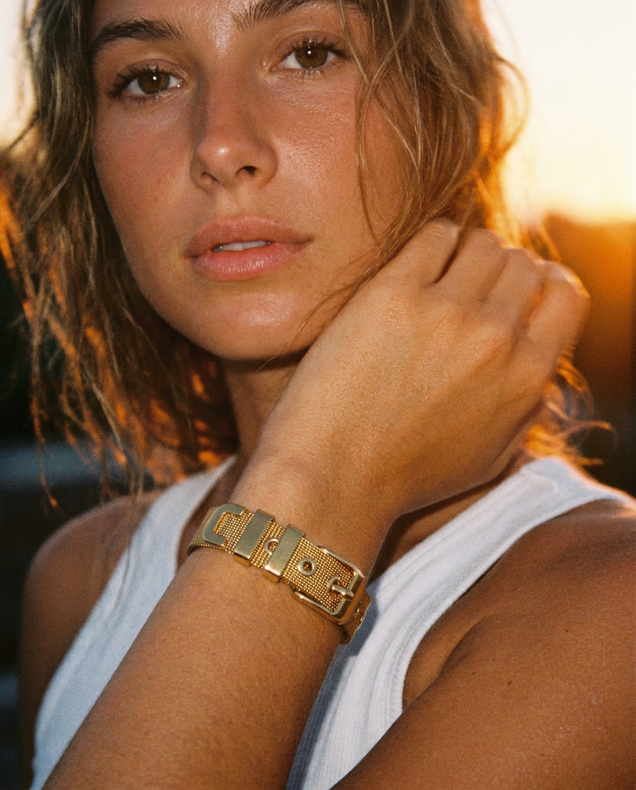Alba Bracelet worn — substantial gold chain bracelet, waterproof and hypoallergenic