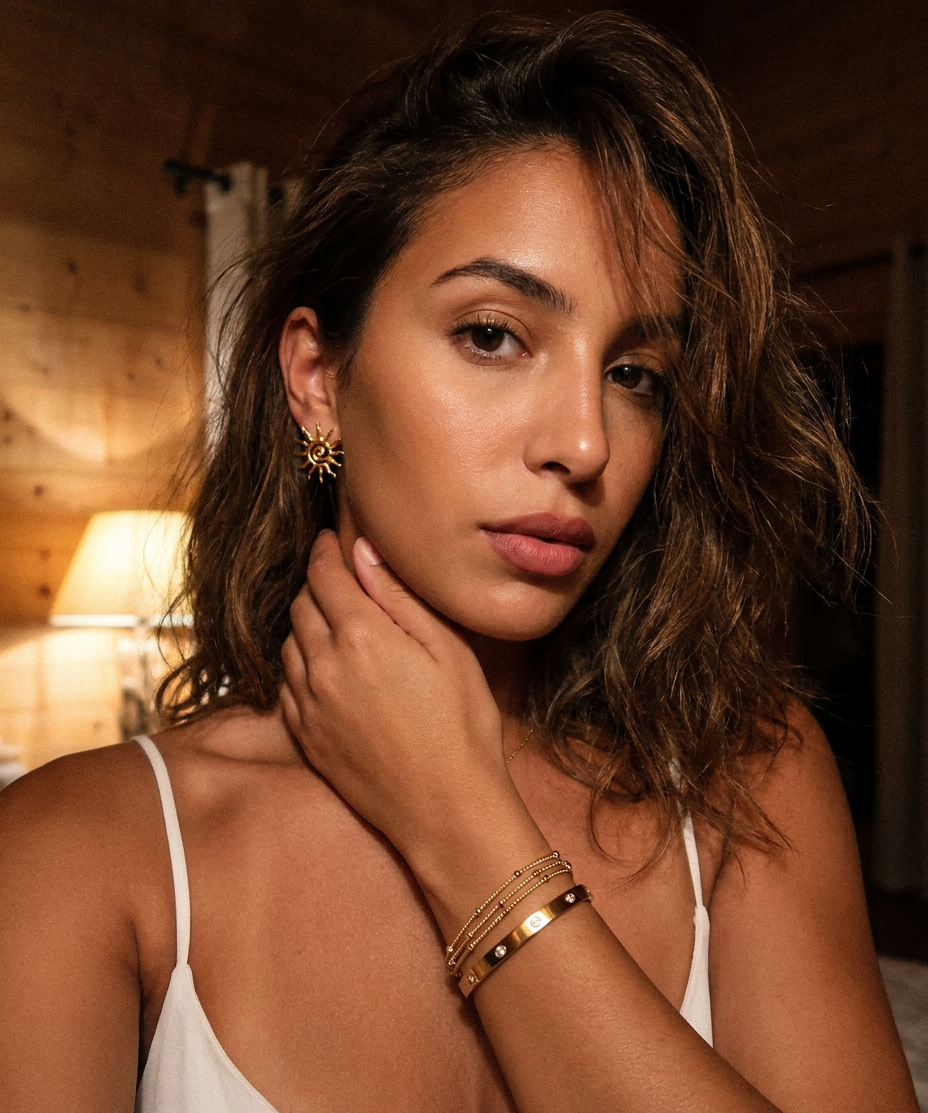 Amara Bracelet worn — bold zirconia gold cuff, waterproof and hypoallergenic