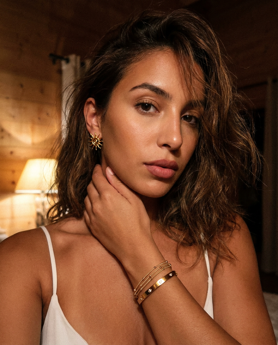 Amara Bracelet worn — bold zirconia gold cuff, waterproof and hypoallergenic