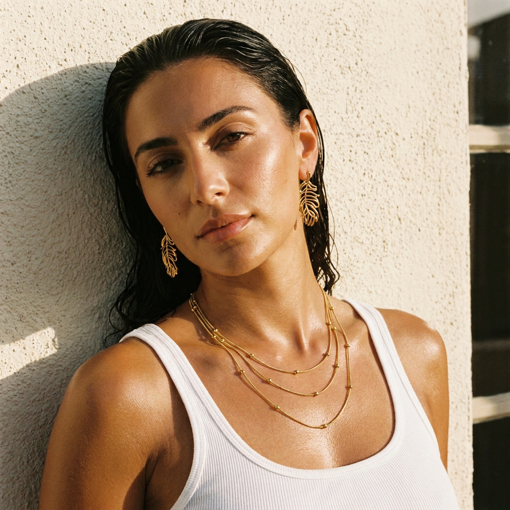Cascada Necklace worn — fluid gold chain, waterproof and tarnish-resistant