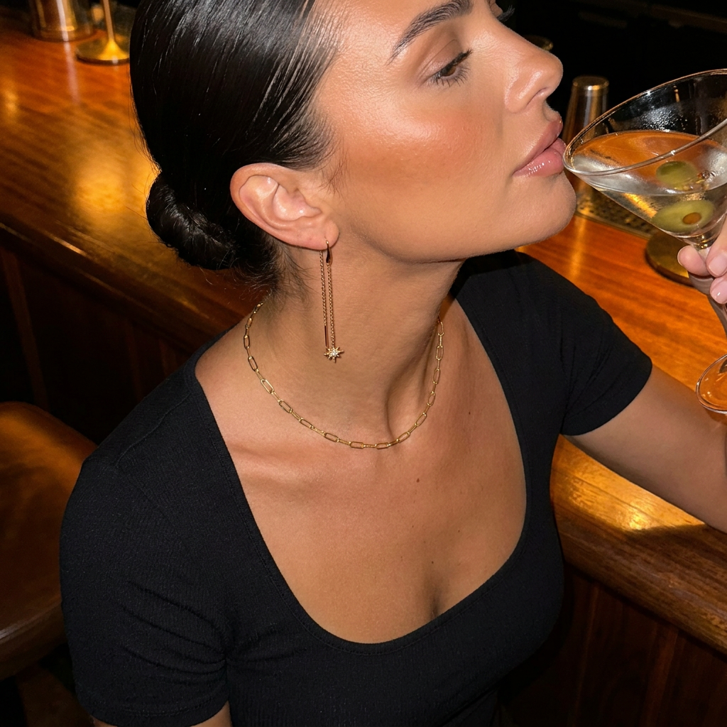 Catena Necklace worn — architectural gold link chain, waterproof and hypoallergenic