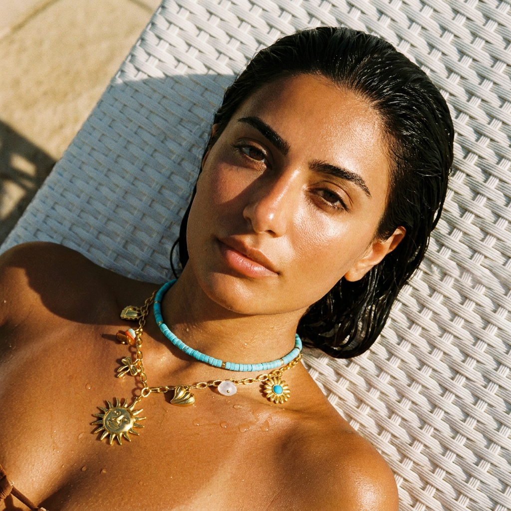 Coppa Cabana Necklace worn — colorful natural stone necklace, hypoallergenic