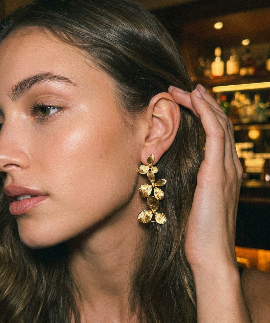 Dahlia Earrings worn — garden-inspired gold floral earrings, hypoallergenic