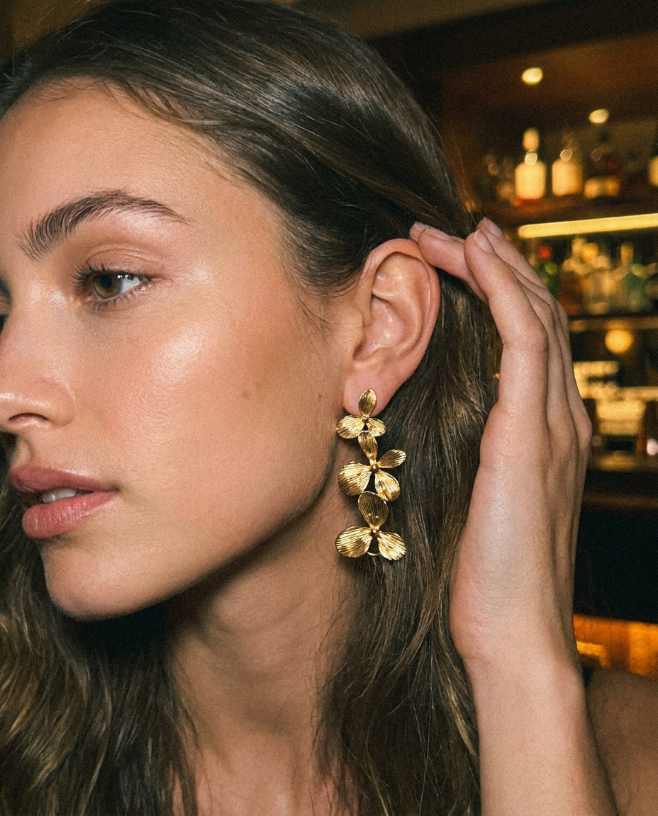 Dahlia Earrings worn — garden-inspired gold floral earrings, hypoallergenic