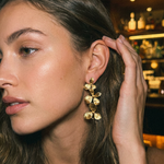 Dahlia Earrings worn — garden-inspired gold floral earrings, hypoallergenic