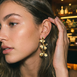 Dahlia Earrings worn — garden-inspired gold floral earrings, hypoallergenic