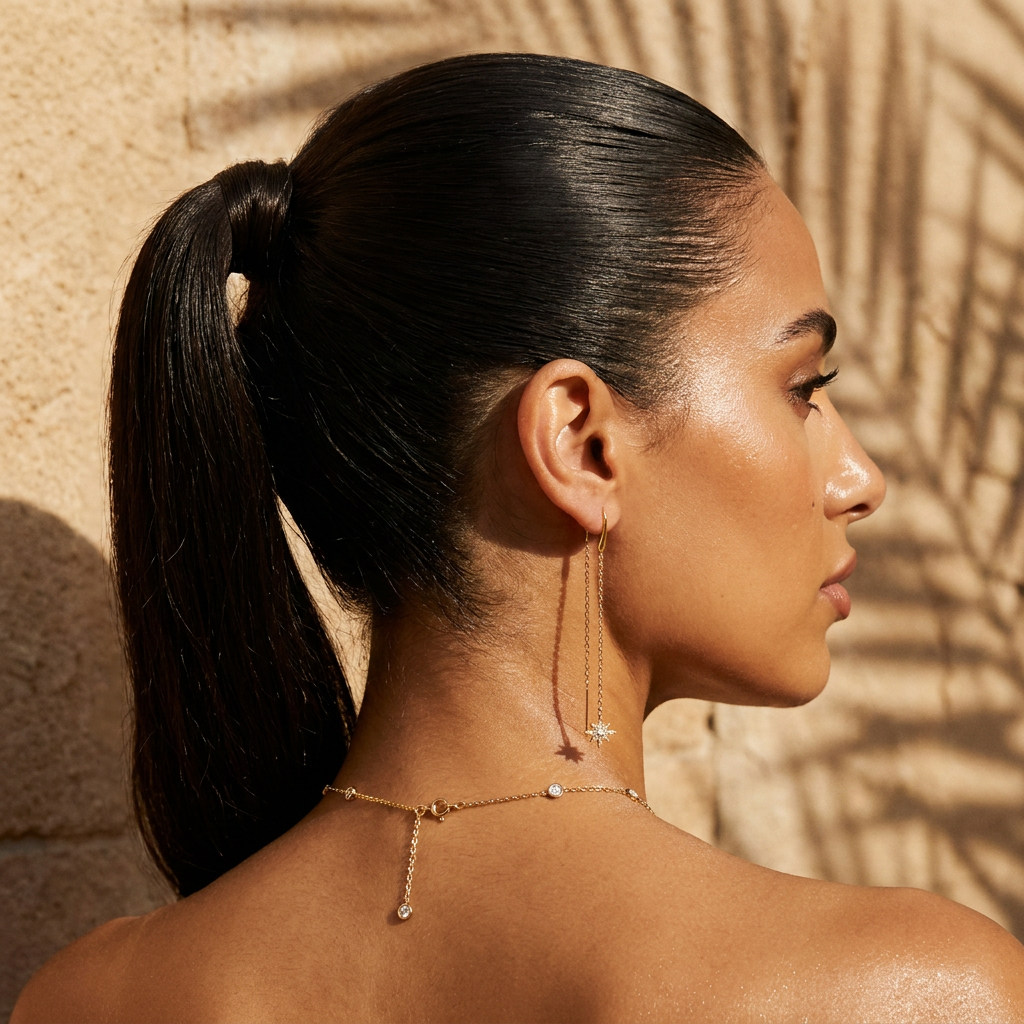 Etoile Earrings worn — delicate gold star drop earrings, hypoallergenic
