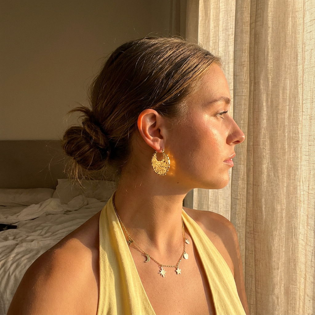 Eventail Earrings worn — sculptural gold fan earrings, waterproof and hypoallergenic