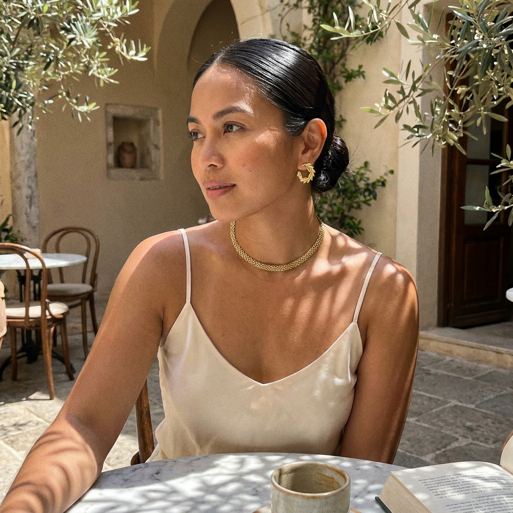 Laurel Earrings worn — sculptural gold leaf studs, waterproof and hypoallergenic