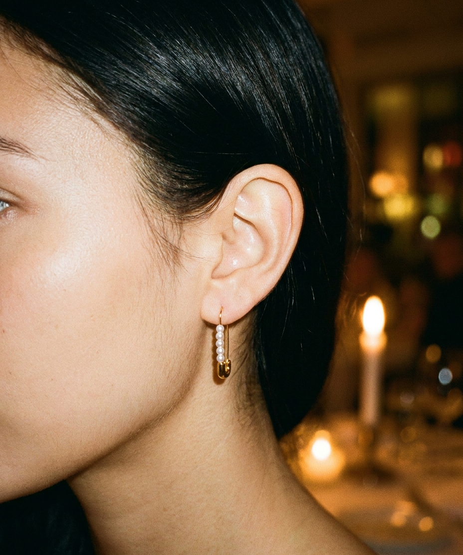 Naomi Earrings worn — graceful pearl drop earrings, waterproof and hypoallergenic