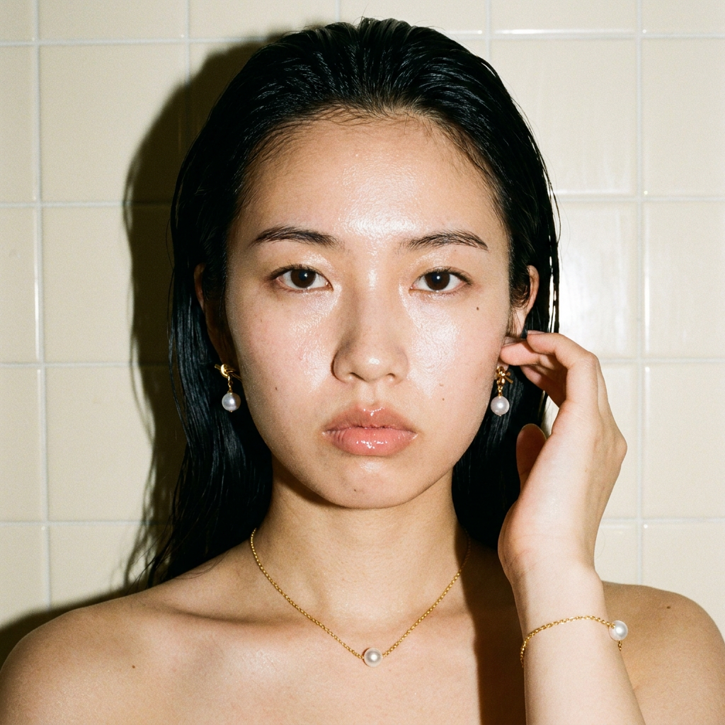 Naya Pearl Necklace worn — delicate gold and pearl necklace, waterproof