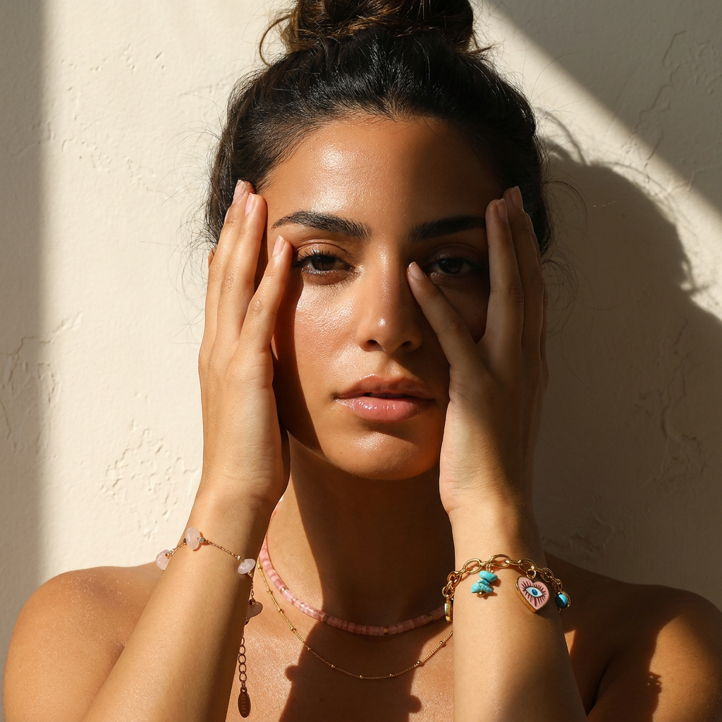 Nazar Bracelet worn — gold evil eye charm bracelet, waterproof and hypoallergenic