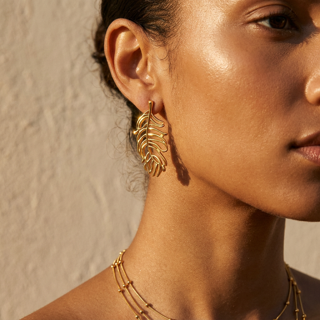 Palma Earrings worn — sculptural gold palm leaf earrings, waterproof and hypoallergenic