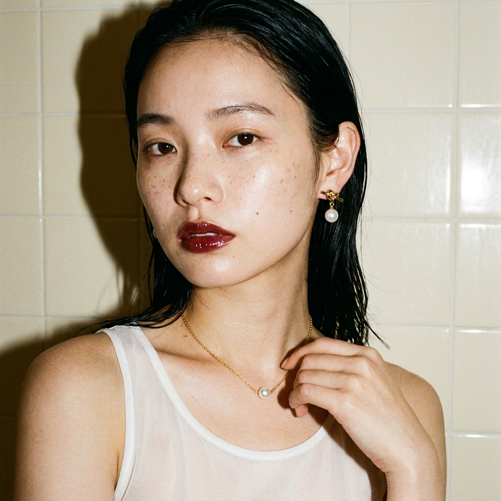 Perla Earrings worn — luminous gold and pearl earrings, hypoallergenic