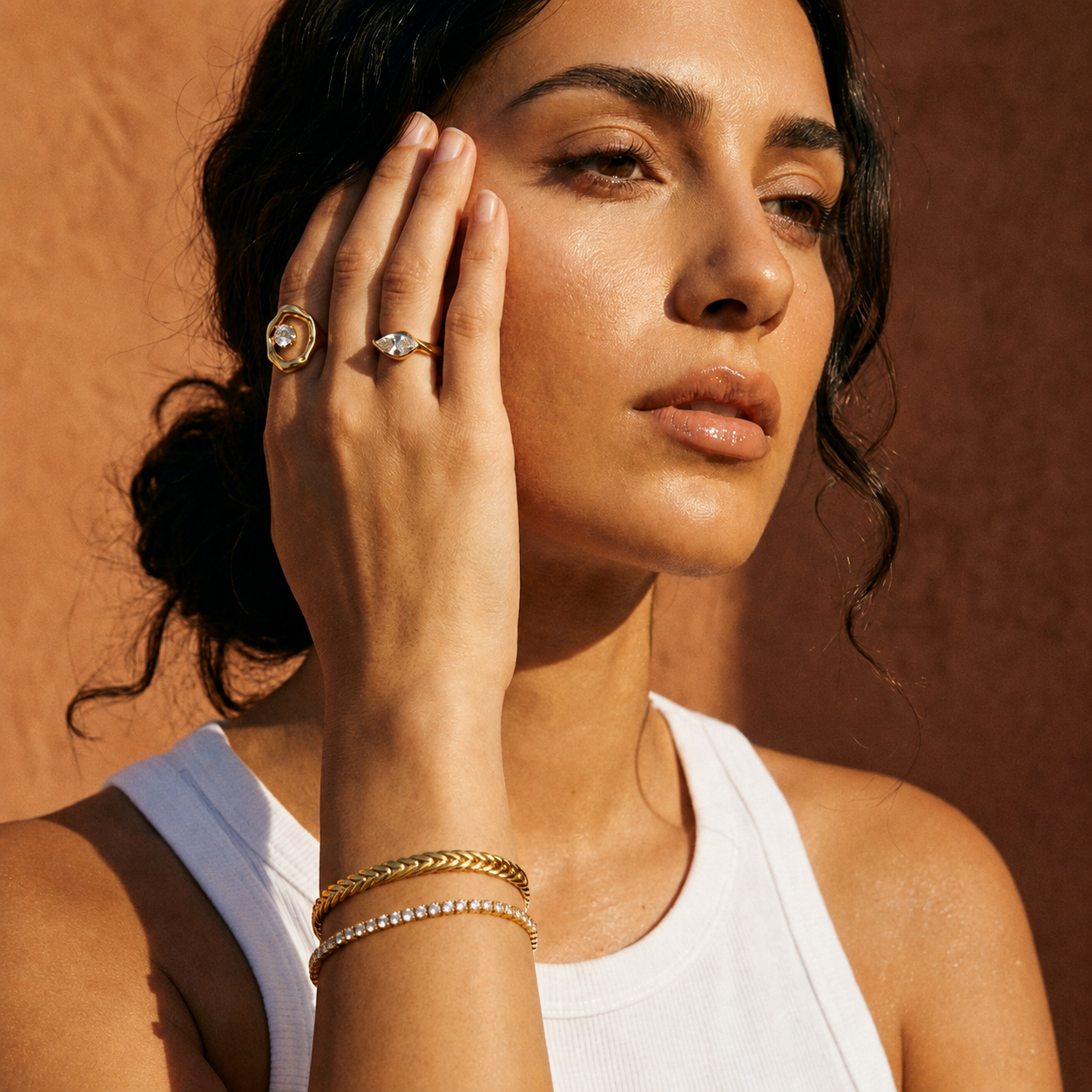 Riviera Bracelet detail — 18k gold cubic zirconia tennis bracelet, hypoallergenic