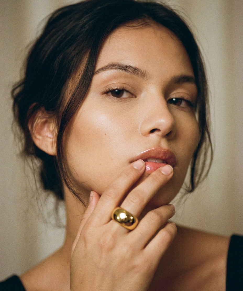 Roche Ring worn — brutalist gold chunky ring, waterproof and hypoallergenic