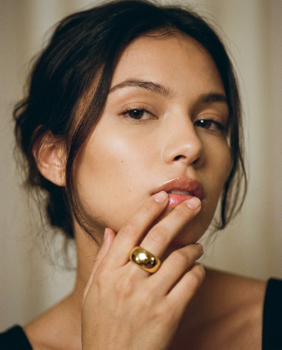 Roche Ring worn — brutalist gold chunky ring, waterproof and hypoallergenic
