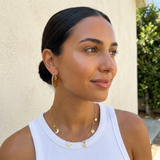 Selene Necklace worn — long gold chain necklace, waterproof and tarnish-resistant