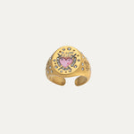 Signet Ring close-up — 18k gold signet with cubic zirconia accent