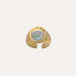 Signet Ring detail — sculpted seal with zirconia, adjustable hypoallergenic gold ring