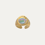 Signet Ring detail — sculpted seal with zirconia, adjustable hypoallergenic gold ring