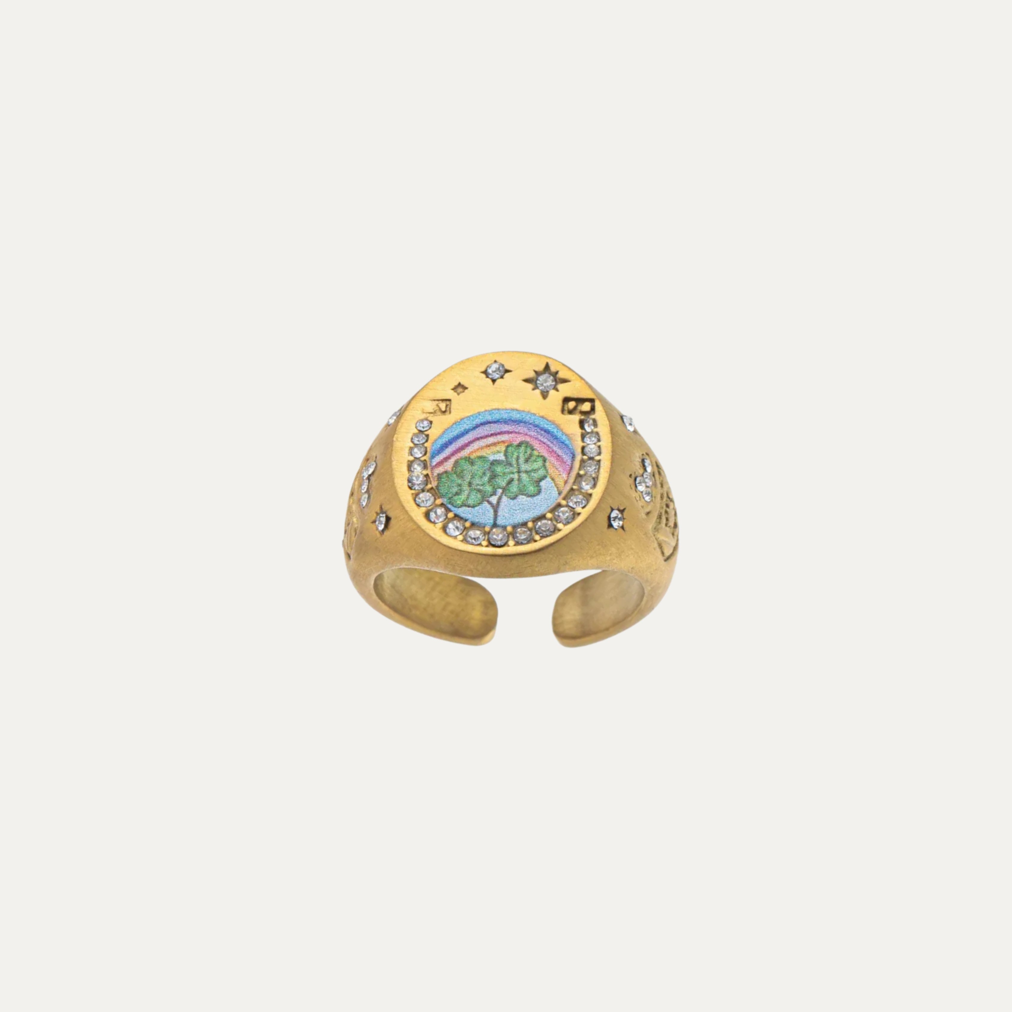 Signet Ring detail — sculpted seal with zirconia, adjustable hypoallergenic gold ring