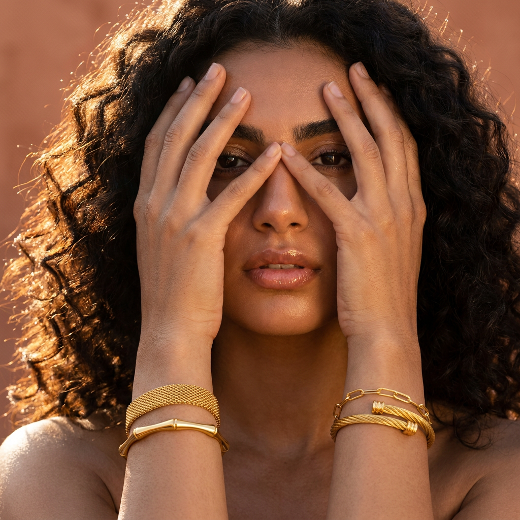 Torino Bracelet worn — sculptural gold bangle, waterproof and tarnish-resistant