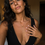 Venus Necklace worn — fluid gold bolo necklace, waterproof and tarnish-resistant